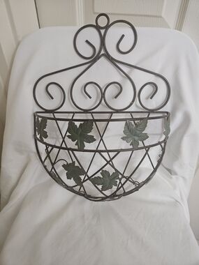 Metal Wall Basket with Green Leaf Accents - Decorative Home Wall Decor